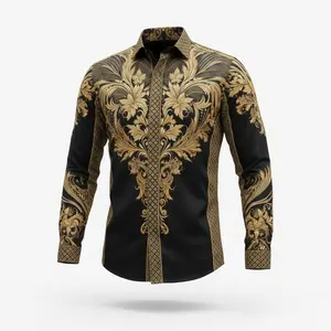 Batik Arwinda Tribal gold Kemeja Pria Premium Lengan Panjang Motif Elegan Modern Bahan Micro Halus Adem Nyaman untuk Acara Formal & Kasual - Kain