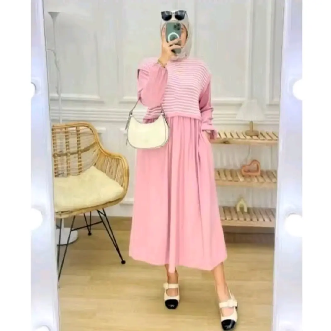Zamora Midi Dress Terbaruuu Gamis Muslim Outer  Rajut Kombinasi Salur Gamis Knited Motif Salur Panjang Crinkle Baju Wanita