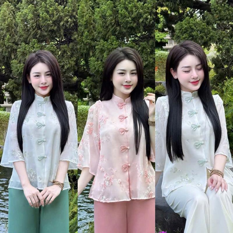 sét đồ nữ áo tay lửng cổ tàu kèm quần dài siêu xinh phù hợp mặc đi chơi tết