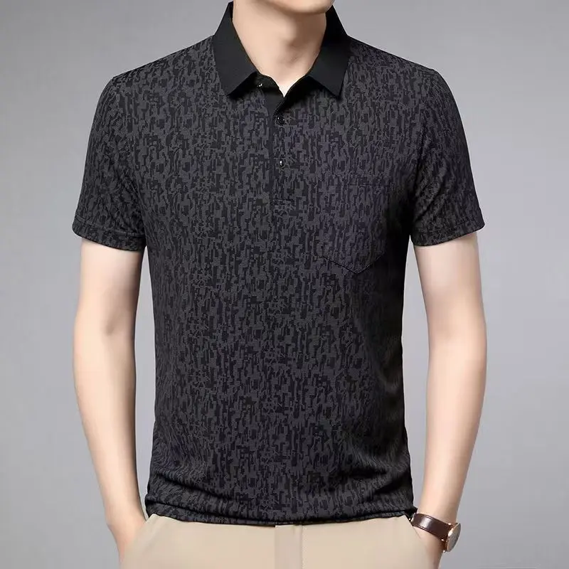 New men's business casual ice silk elastic polo shirt Fashionable high-end pocket loose collar T-shirt Multi color optional moisture wicking versatile commuting top