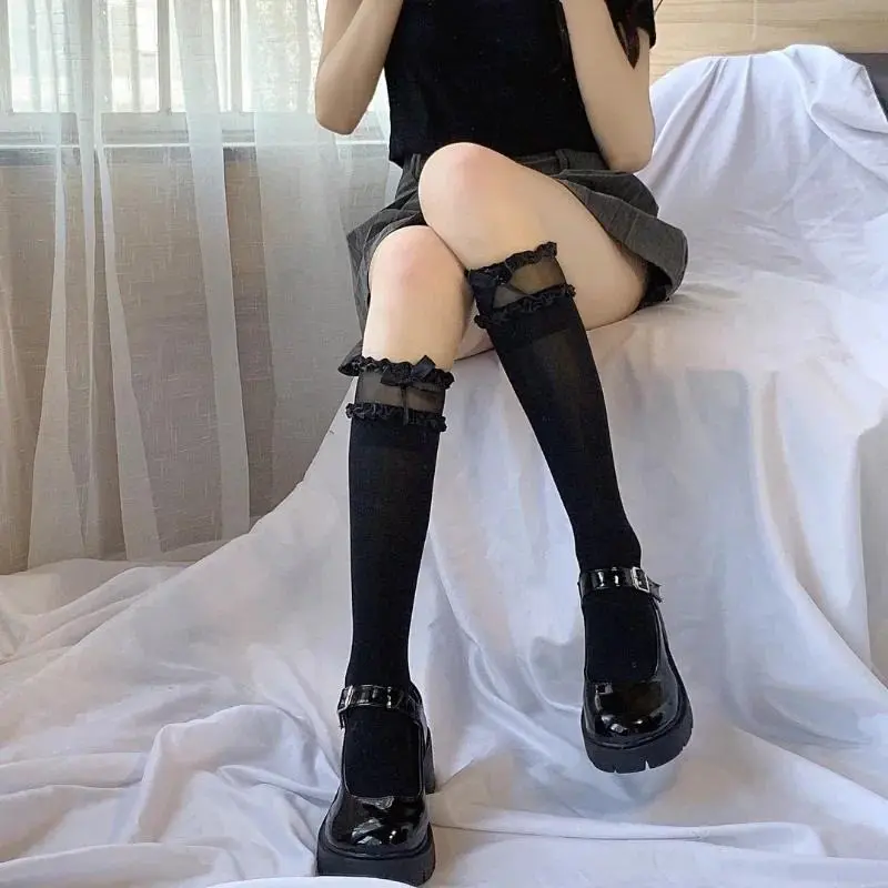 Tất Lolita, Ren Đen Trắng, Ống Cao Gợi Cảm, Tất Đầu Gối Đùi, Ống Dài Nữ Thắt Nơ, Phong Cách Nhật Bản, Tất Siêu Mỏng