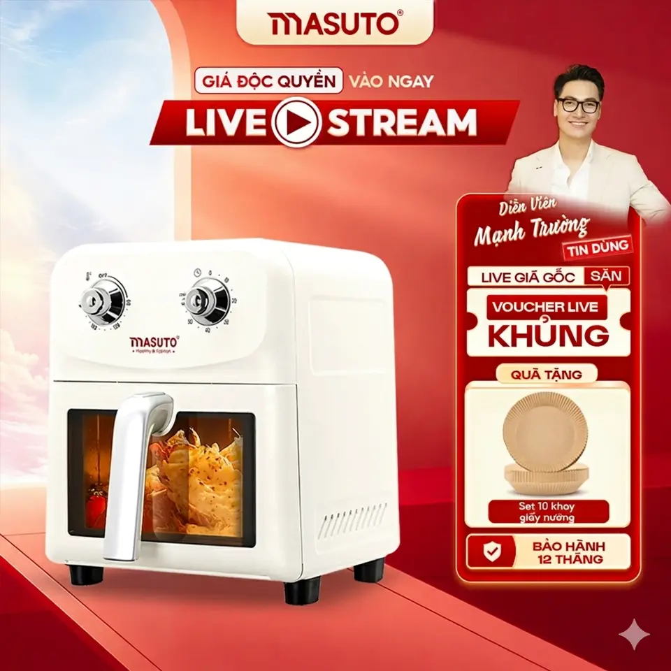 Nồi chiên không dầu 6L Masuto - Siêu đầu bếp tại gia TẶNG 30 KHAY GIẤY NẾN DÙNG 1 LẦN