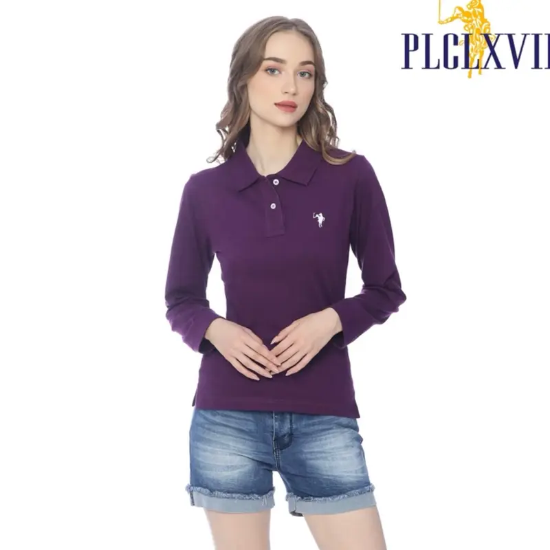 KAOS KERAH POLO WANITA LENGAN PANJANG KUDA KECIL Katun Polos Hitam Putih 1