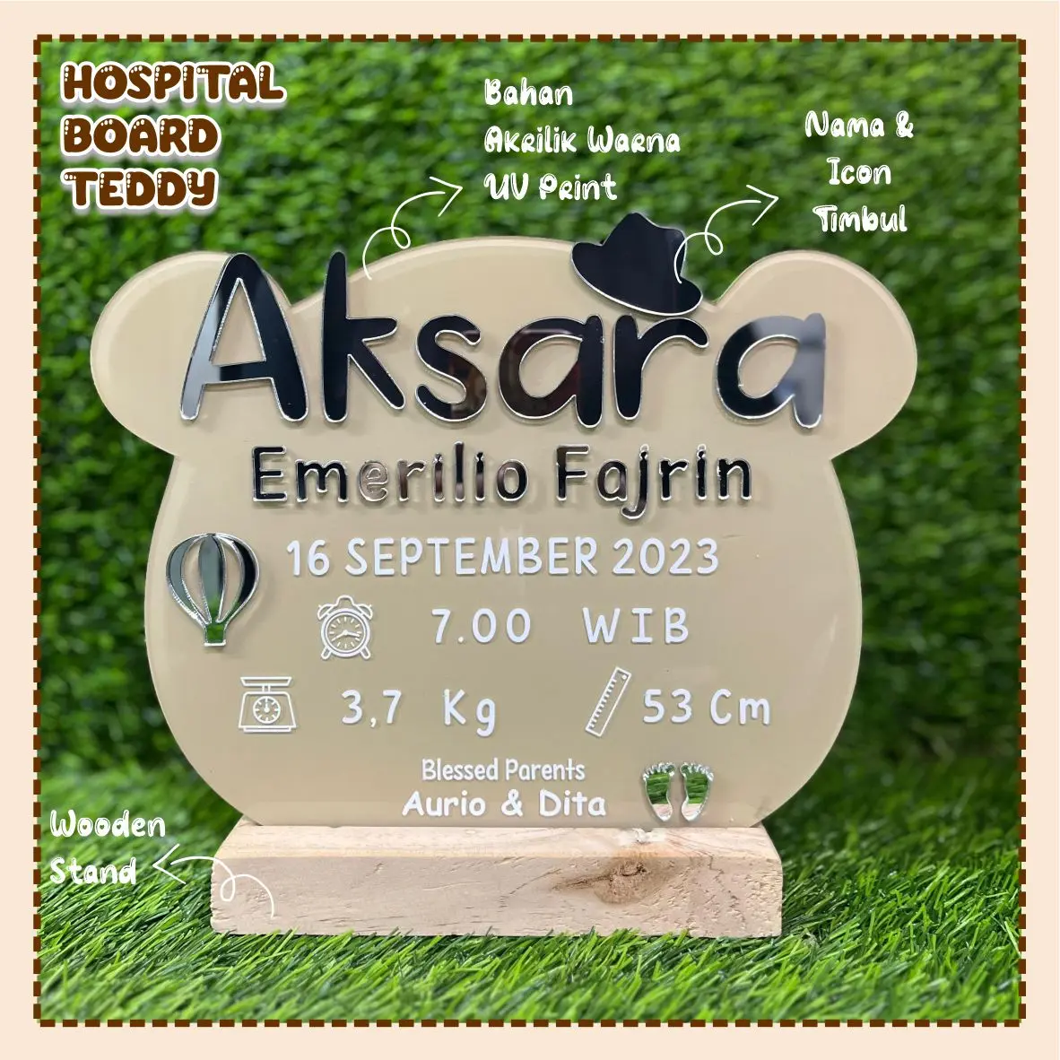 HOSPITAL BOARD AKRILIK BENTUK TEDDY BEAR / PAPAN KELAHIRAN NAMA BAYI