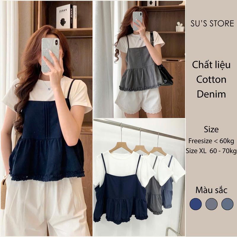 Set Áo Thun Trơn Cộc Tay Kèm Áo 2 Dây Xếp Ly Viền Bèo S800 Susstore Thời Trang Nữ