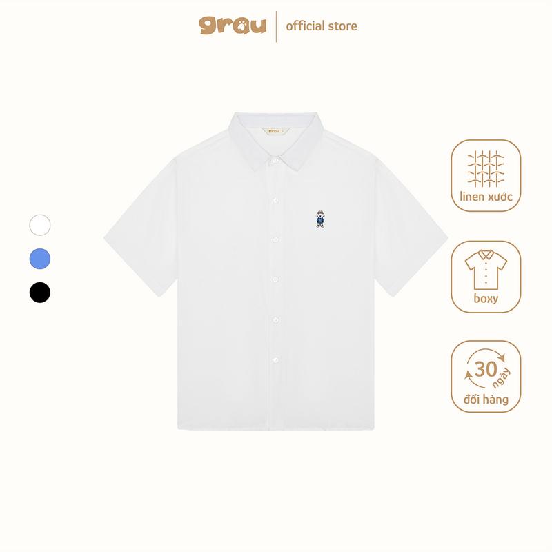 Áo Sơ Mi Trơn Grau Form Boxy Tay Ngắn Linen Logo Thêu