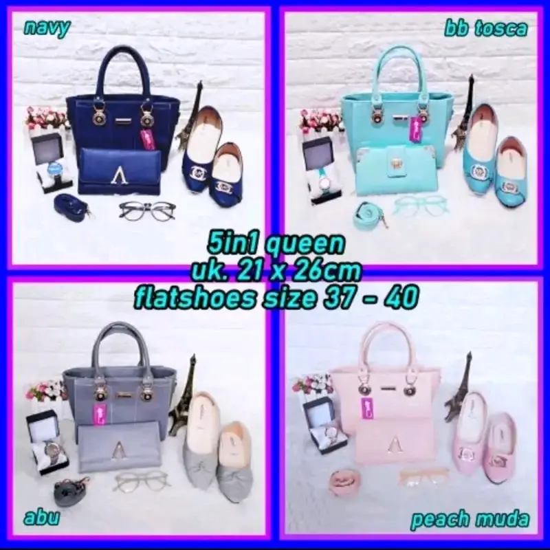 TAS PAKET SESERAHAN PERNIKAHAN JAM TANGAN DOMPET WANITA SANDAL FLATSHOES WANITA KACAMATA SENDAL FLATSHOES KULIT PU SEPATU FLAT TAS PAKET MURAH TAS PAKET 5IN1 TAS MURAH TAS FASHION KADO HADIAH PERNIKAHAN MAHAR SESERAHAN 2