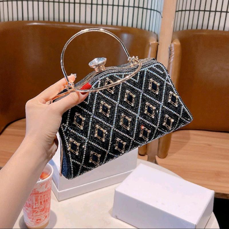 QC CAO CẤP Cốp Đi Tiệc Size 24cm Họa Tiết Kim Cương Quai Kiềng Đôi Túi Xách Nữ Đeo Chéo Women Bag Clutch Cầm Tay Kèm Dây Xích Làm Sui Đám Cưới Sang Trọng