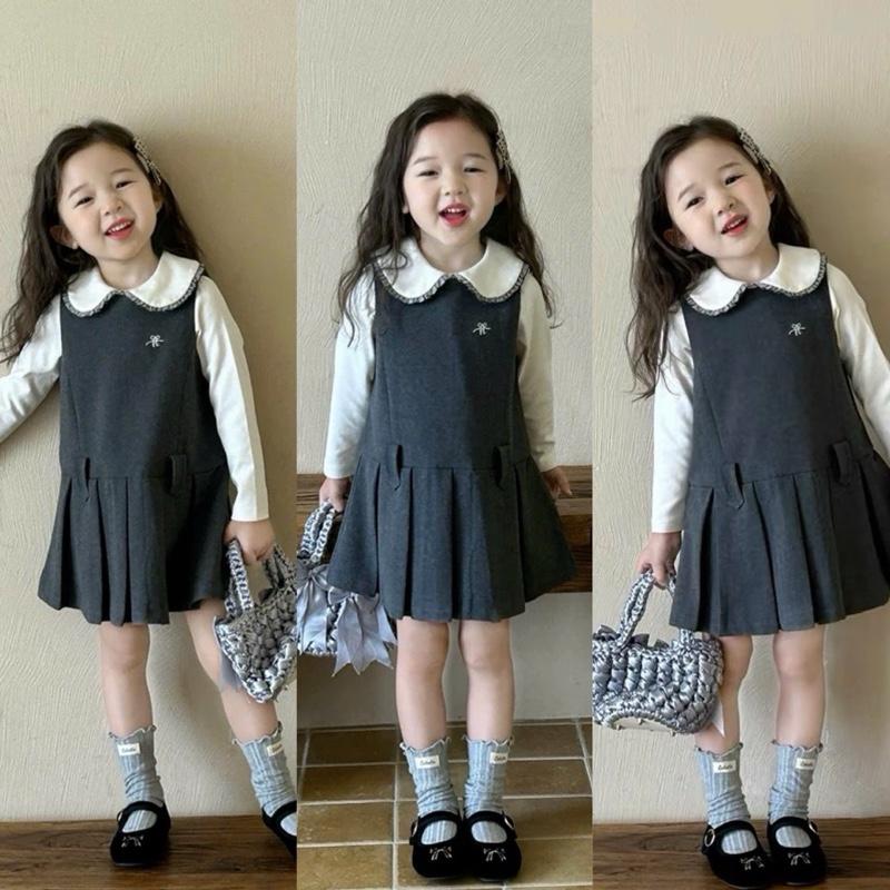 Y204-Set yếm váy chất u mi hàn kèm Áo Thun trắng cổ bèo xinh đẹp dành cho bé gái (9-32kg)