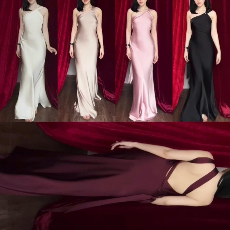  | Becky Dress | Đầm Lụa Lệch Vai Hở Lưng Có Dây Kéo Có Mút 
