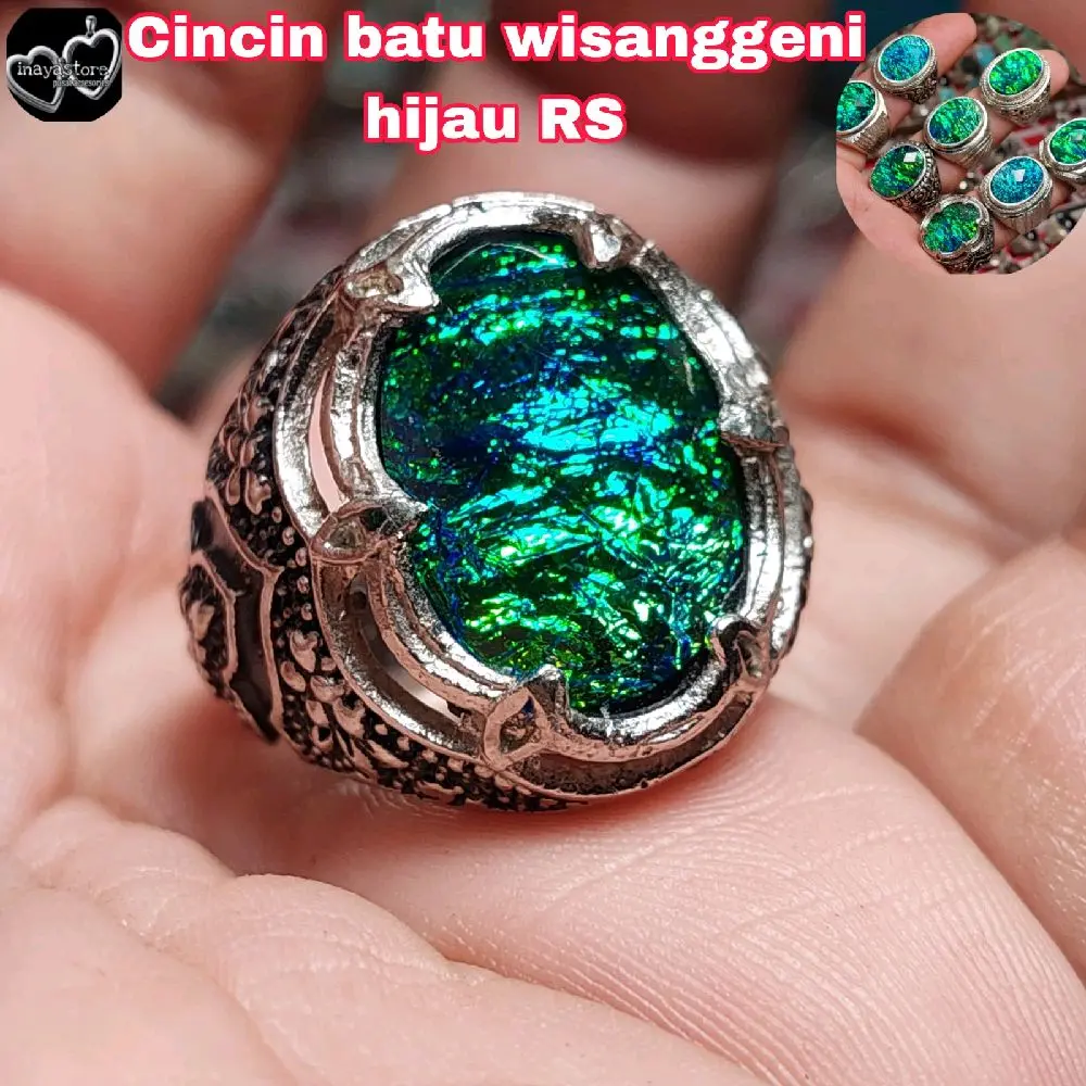 Cincin batu sintetis wisanggeni hijau RS / green fire opal  api hijau batu akik pria terlaris