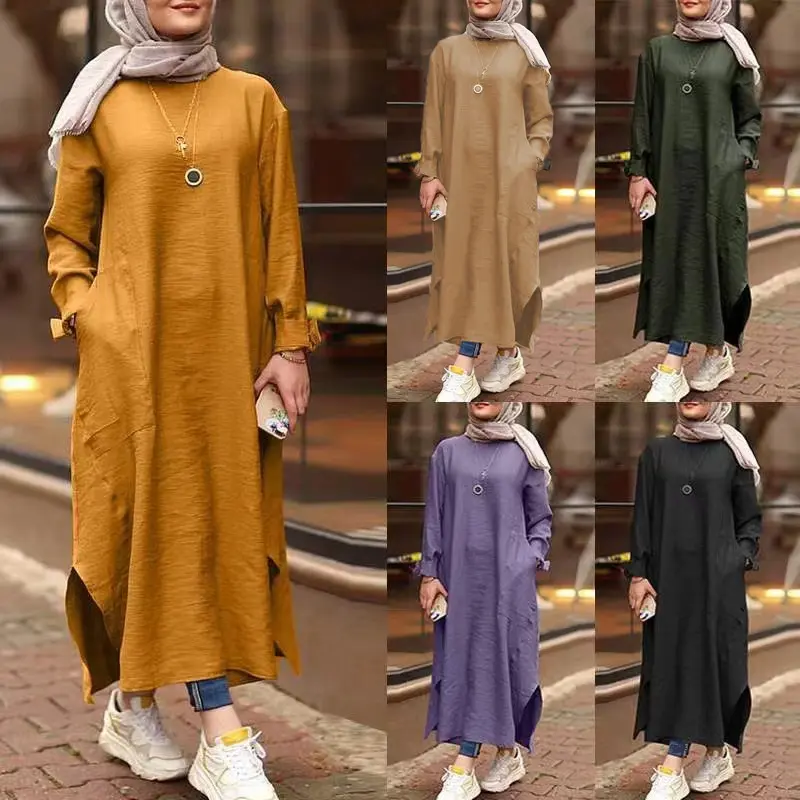 WOMEN'S New Muslim solid color long sleeve shirt pocket a-line dress casual robe