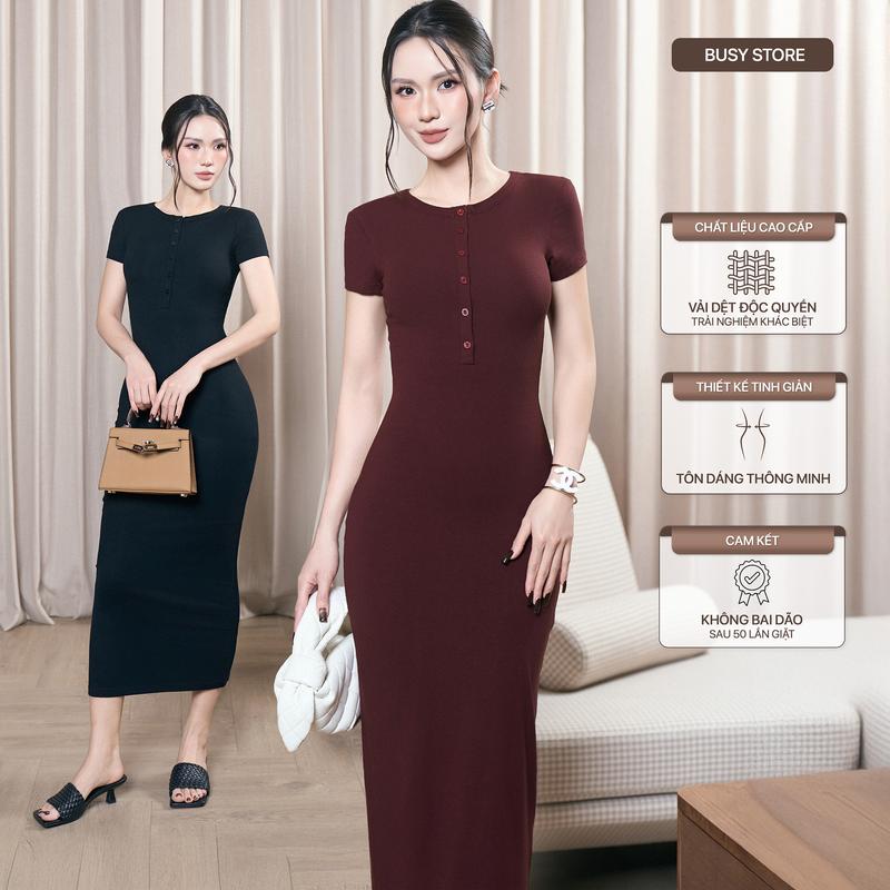 [BUSY] Váy Đầm Ngắn Tay Dáng Dài Nữ Cổ Trụ BUSY Thun Zip Dẻo Ôm Sát VNT14 Women Dress