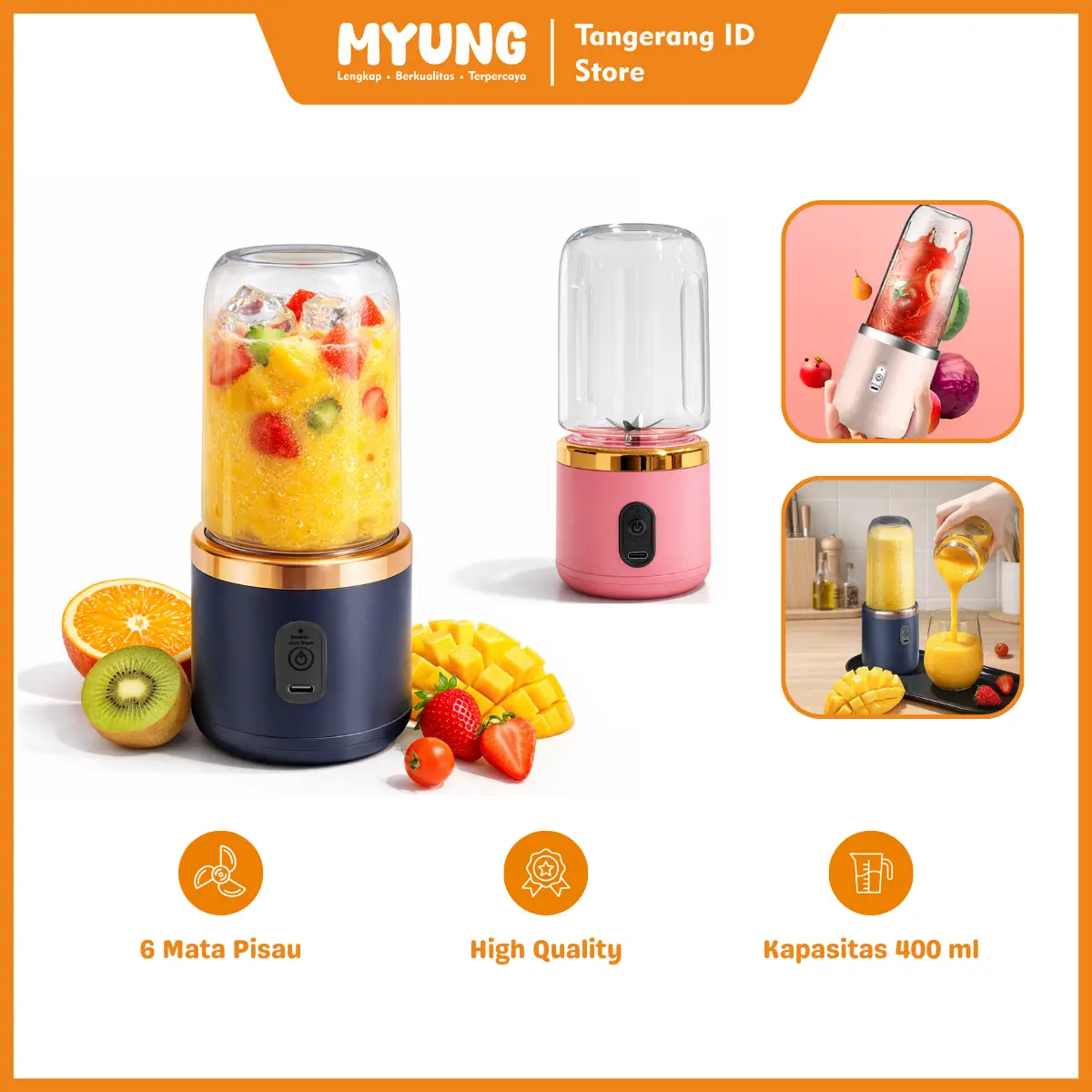 [Myung.Id] Juicer Portable Blender Cordless 400ml 6 Bilah Mata Pisau / Blender Mini Juicer Usb Rechargeable