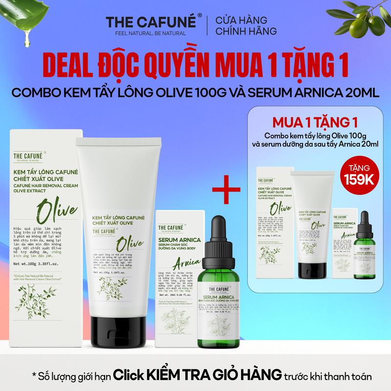 DEAL ĐỘC QUYỀN: MUA 1 TẶNG 1 Combo Kem Tẩy Lông Olive 100g Và Serum Arnica 20ml Dùng Được Cho Bikini Chân Tay Nách | Tặng Thìa Dụng Cụ Gạt Lông