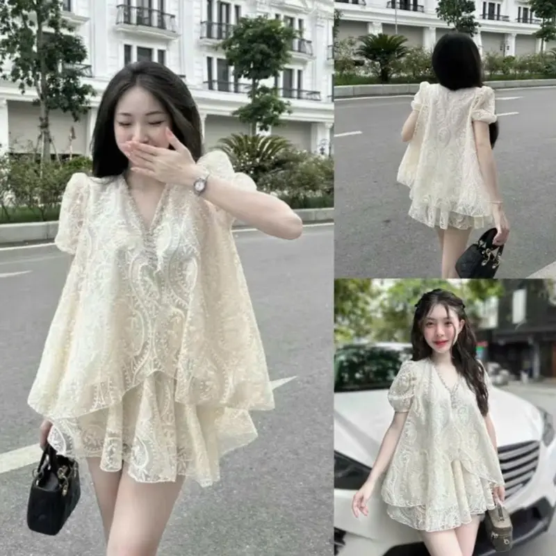 Sét ren hoa cổ đá tay bồng tiểu thư siêu xinh vải ren hoa lót 2 lớp mặc cực xinh by Ku 0