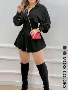 Vestido de mujer de color sólido con cintura plisada y manga larga, estilo elegante y casual, perfecto para las estaciones de primavera y otoño