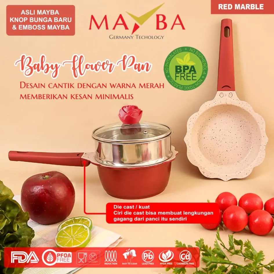 [FLASHSALE] PANCI SET MAYBA BABY PAN Merah 4 pcs Perlengkapan bayi | Peralatan masak anak | Red fry pan | Milk Pan | Steamer lid lavender