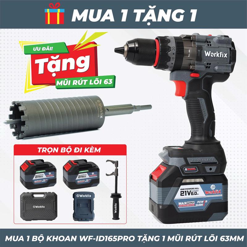 [Tặng Mũi Khoan Rút Lõi] Máy Khoan 3 Chức Năng 165N.m Workfix - Đầu Kẹp 13mm Auto Lock - Anti Kickback  - Brushless Motor - Chân Pin Phổ Thông - 2 Pin 15 Cell Plus 6Ah - Có Tay Cầm Trợ Lực - Bảo Hành Chính Hãng 6 Tháng