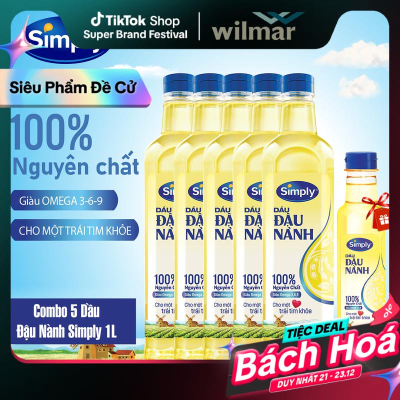   WILMAR  Combo 5 Dầu Ăn Đậu Nành Simply Nguyên chất 1L Giàu Omega 3 6 9 Vitamin E & Phytosterol Tự Nhiên Giàu Omega 3 6 9 Vitamin E & Phytosterol Tự Nhiên Tốt Cho Sức Khỏe Tim Mạch 