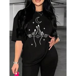Blusa casual para mujer de moda con cuello redondo, manga corta y estampado de Mano con luna y planetas