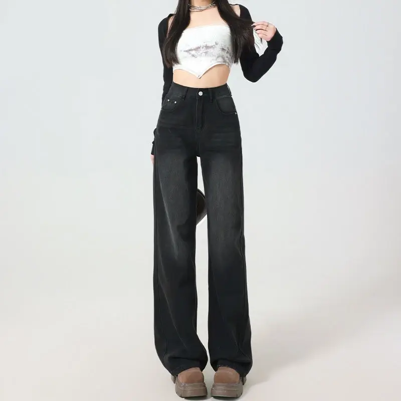 Celana Jeans Wanita Korea Panjang Model Longgar kekinian high waist murah celana jeans panjang wanita kulot Hitam