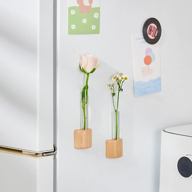 Household Refrigerator Magnet Test Tube Clear Vase with Wooden Base Space-Saving Transparent Hydroponic Vase Decoration Plastic Plants Flower Pot 4