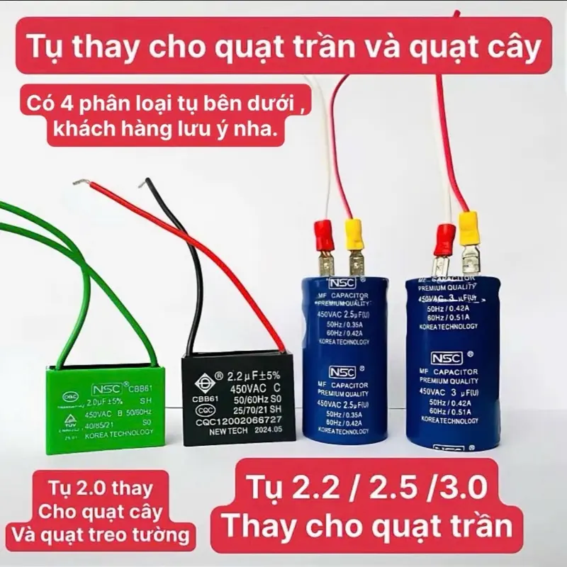 Tụ dùng cho quạt trần 2.2 và 2.5 , 3 microfarad, và tụ cây quạt treo 2.0 vỏ xanh, có sẵn đầu dây điện, dầu tra các loại quạt .