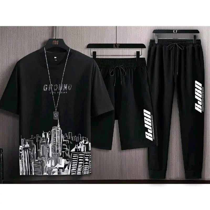 Bisa Cod/kaos distro cowok/Setelan 3 In Begins - Setelan Atasan Kaos Pria/1 set outfit cowok Celana Panjang 4