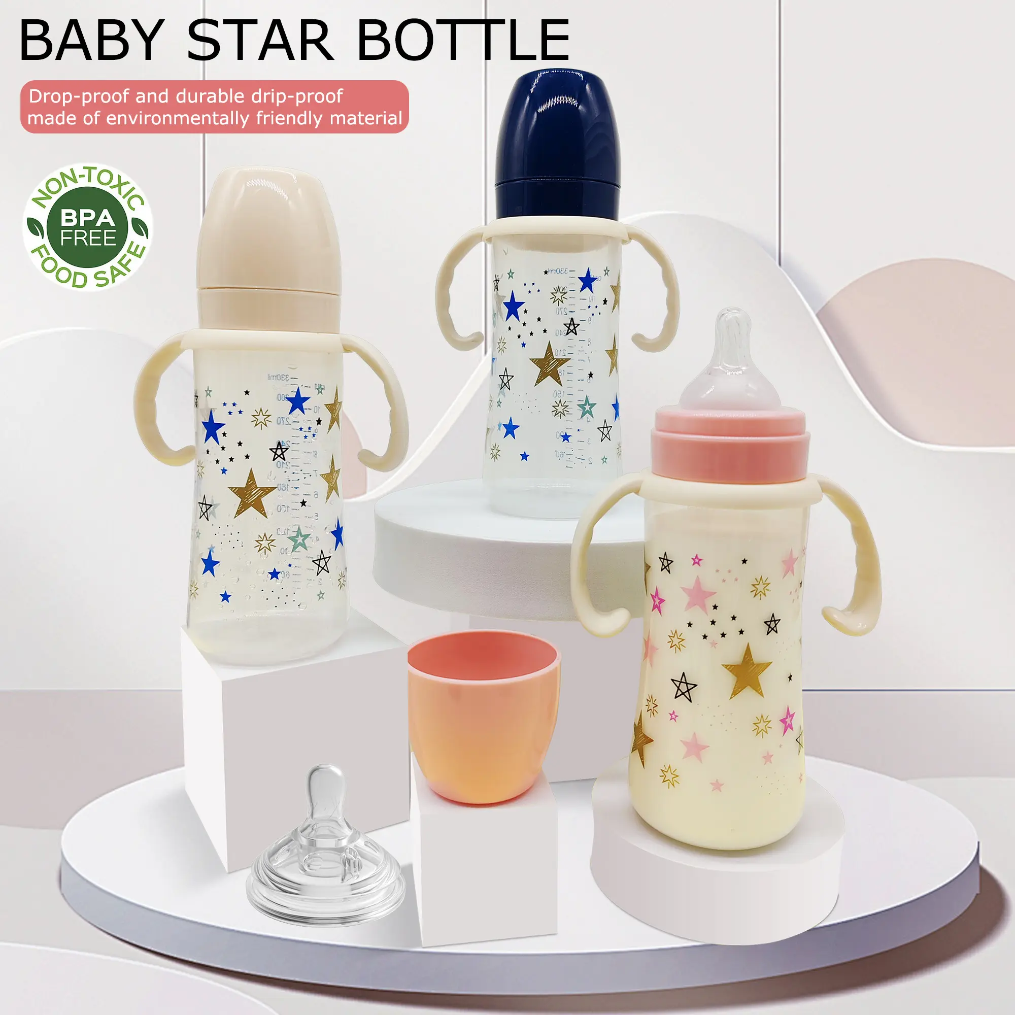 Botol Bayi, Kapasiti 330ML, Diameter Lebar, dengan Pemegang, Tahan Gigitan, Tahan Jatuh, Diperbuat daripada Silikon, Sesuai untuk Ibu dan Anak, Anti-Kolik, Botol Air Bayi