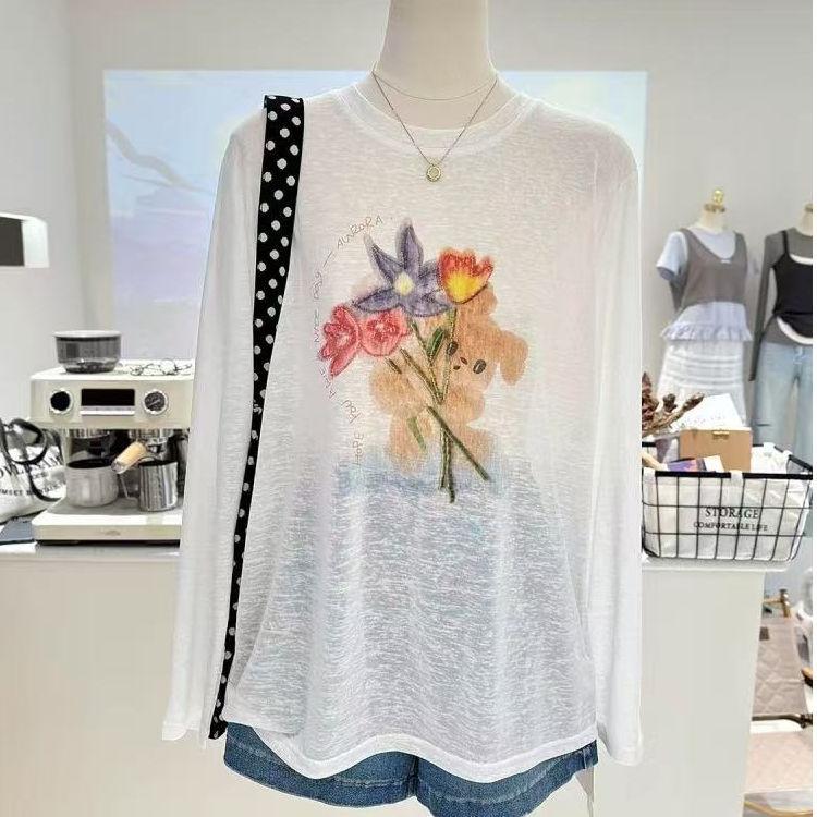 Áo tay dài nữ màu trắng in hình gấu dễ thương không kén độ tuổi mẫu mới thun cotton thoáng mát