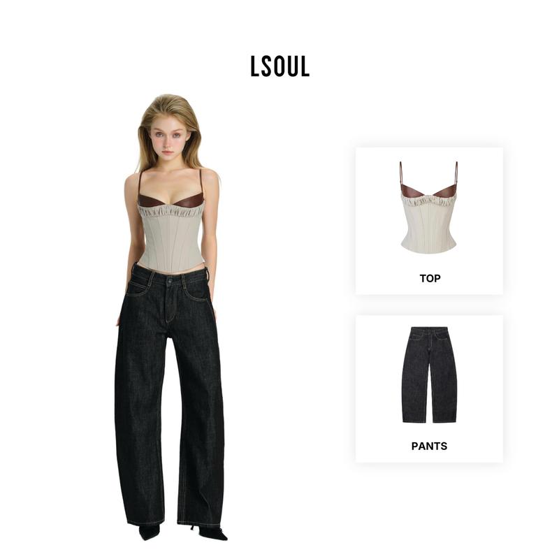 LSOUL - Soulie Top Áo Corset Hai Dây Phối Da Định Hình Eo Quyến Rũ + Nie Pants Quần Denim Ống Rộng Dáng Suông Basic A26032894