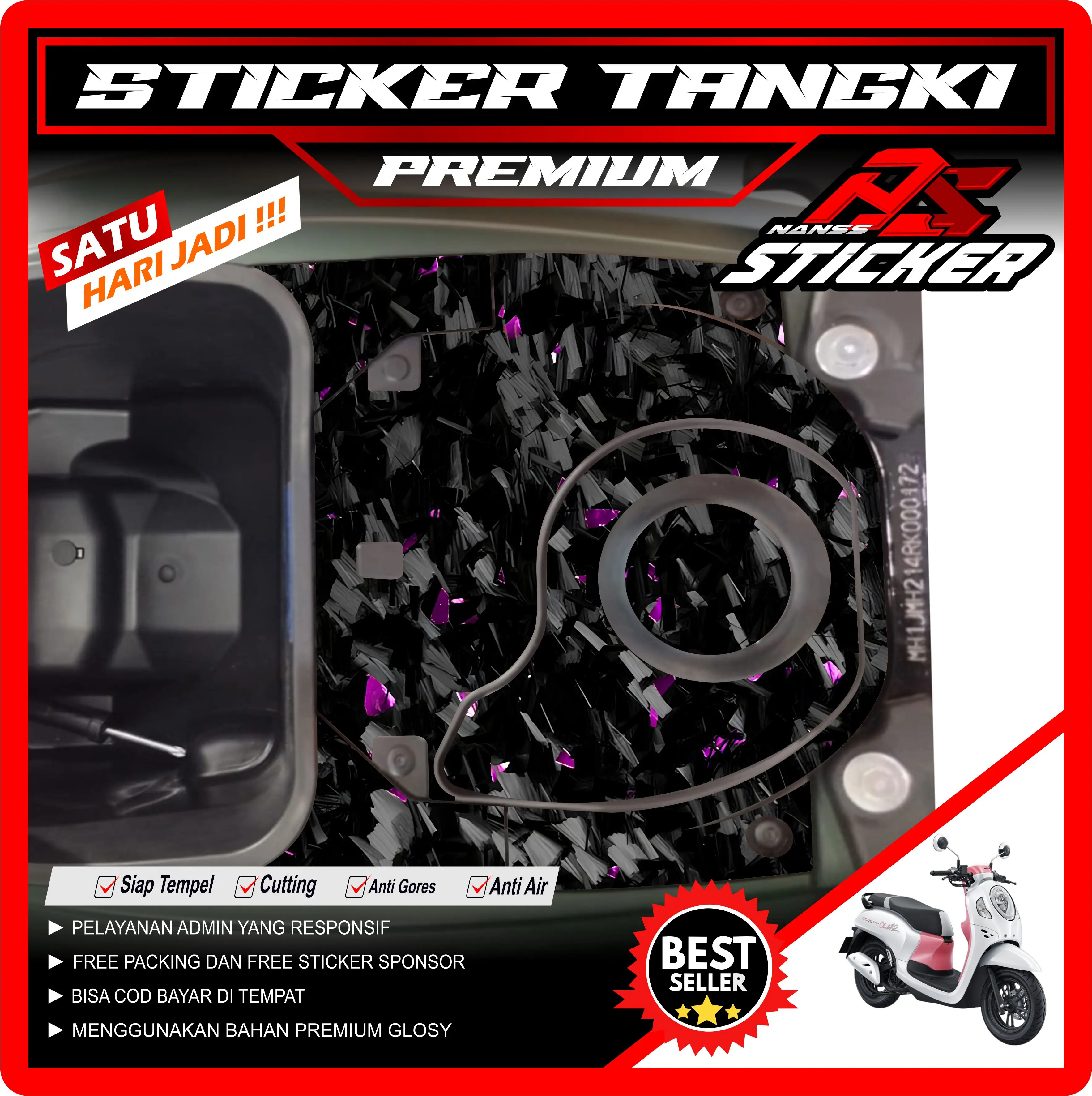 Sticker Tangki Bensin Scoopy 2021-2024 Motif Karbon Siap Pakai Tinggal Pasang Anti Air & Bensin