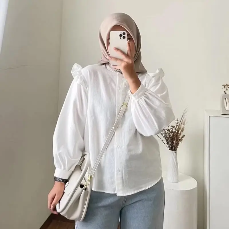 Yurim Blouse Ruffle - Atasan Wanita - Kemeja Linen Basic Lengan Panjang/blouse kemeja linen lengan Balon 6