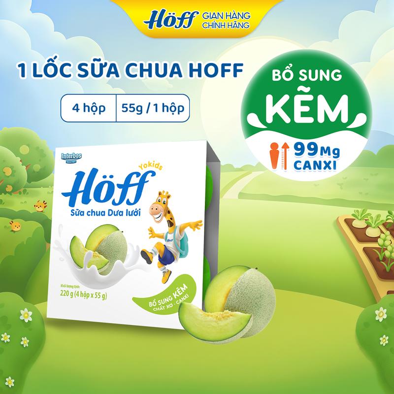 Sữa chua cho bé ăn dặm Hoff vị Dưa lưới bổ sung dinh dưỡng canxi kẽm vitamin B1 B2 B3 B6 chất xơ, Men vi sinh hỗ trợ hệ tiêu hóa 1 lốc (4 hộp x 55g)