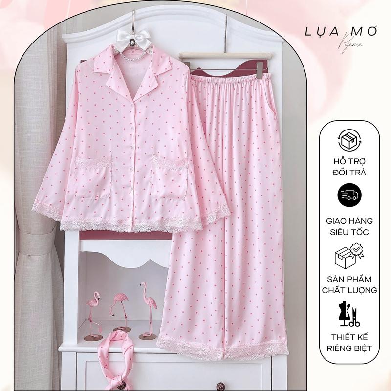  Pijama Tiểu Thư Phối Ren Họa Tiết Chấm Bi Vải Tặng Khăn Lụa Vải Lụa Latin Cao Cấp - Đồ bộ Lụa Mơ LM220 