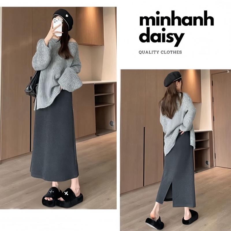 Chân Váy Midi Dáng Chữ A Chất Len Lông Thỏ Mềm Cạp Chun Cao Tôn Dáng Xẻ Sau Basic Dễ Phối Đồ