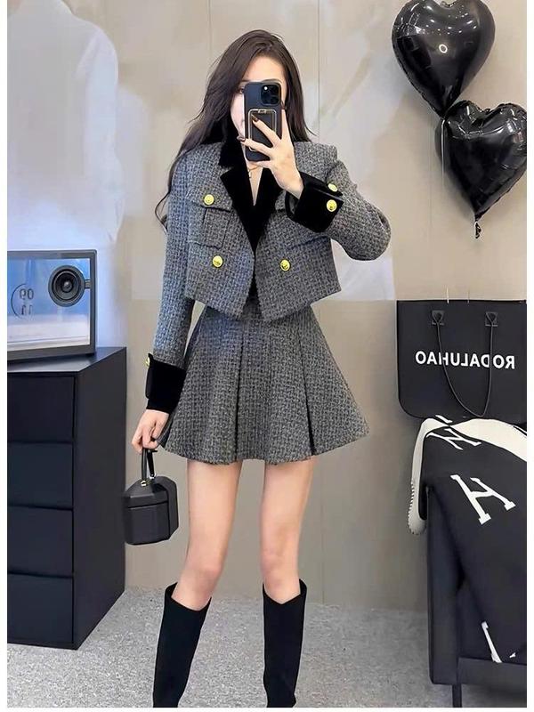 Set dạ Xám Form M gồm hai món chân váy và áo dài tay cổ bẻ thu dông Nữ thời trang mới cao cấp