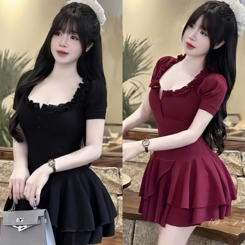 Đầm váy nữ thiết kế tăm lạnh cổ vuông viền èo cài nút tay ngắn dáng xoà 2 tầng ( kèm quần ) xinh xắn, dễ thương phù hợp cho các nàng diện đi tiệc, đi chơi, đi du lịch