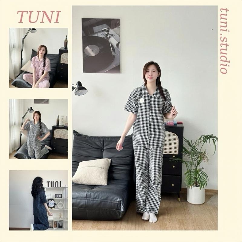 (KÈM CHARM) Bộ Đồ Ngủ Kiểu Nữ Chất Thô Xốp Dáng Áo Cộc Quần Dài Hoạ Tiết Kẻ Ô Vuông Form Rộng Nhiều Màu Tuni.studio T02