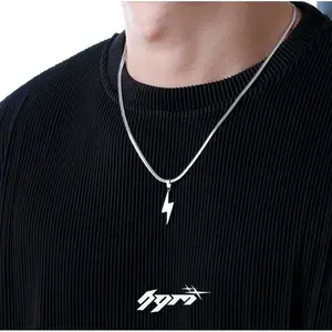 Kalung Titanium Pria Pipih Liontin Petir Silver