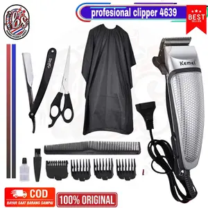 Satu Set Paketan Alat Cukur Pangkas Rambut Lengkap KEMEI Hair Trimmer Mesin Cukur Barbershop Cukuran Elektrik Gunting Sisir Razor