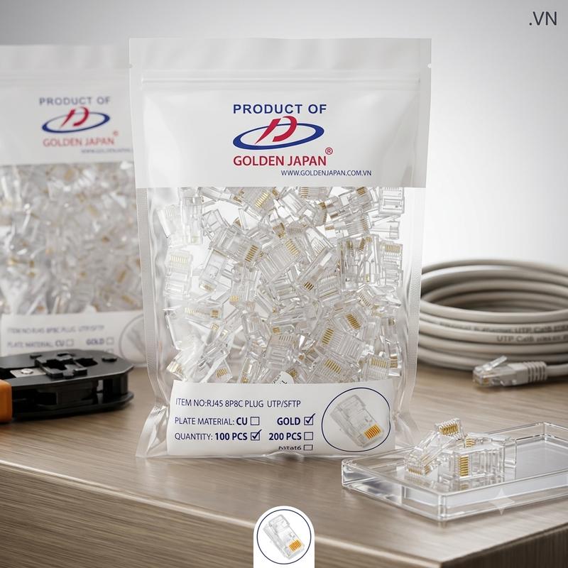 Túi 100 Hạt Mạng Đầu RJ45, Cat 5 Golden Japan - Hạt Mạng Chân Đồng to