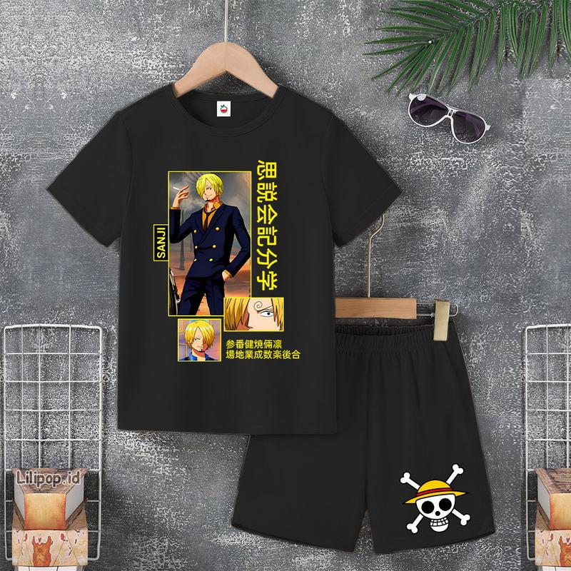 Baju Anak Stelan Usia 4 -10 Tahun LUFFY ONE PIECE Kaos 3/4 Cowok Cewek Celana Pendek Harian 3