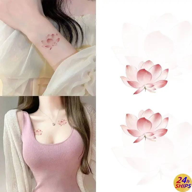 Hình xăm hoa sen nở, màu hồng, dễ thương và thời trang, dành cho ngực của bé gái, miếng dán hình xăm không thấm nước, hình xăm tạm thời 7 ngày, miếng dán da 0
