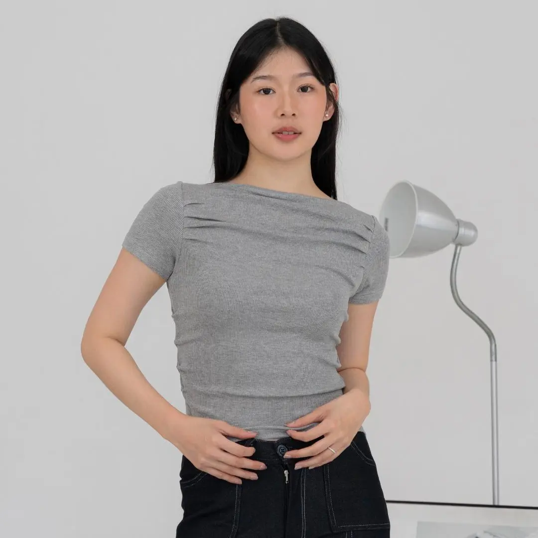 Molly Top - Baju Atasan Wanita Basic Rib Knit Lengan Pendek Drape Korean Top