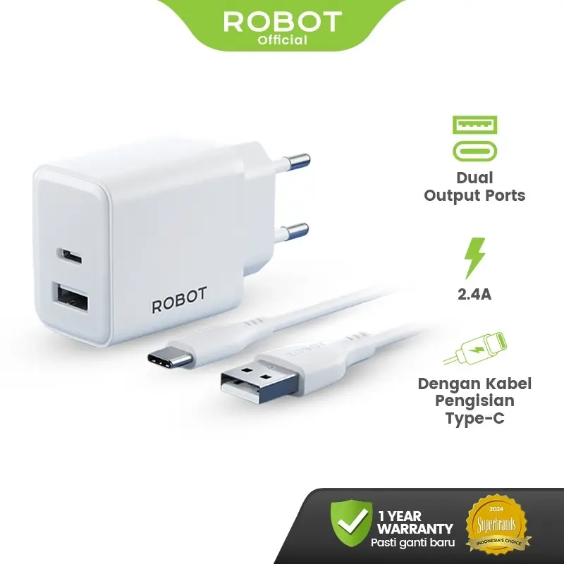 ROBOT RT-L3C Adaptor Charger 12W  Adapter Dual Port with Micro USB Type-C Cable 2.4A Kepala Charger for Android iPhone Original - Garansi 1 Tahun [BISA COD]