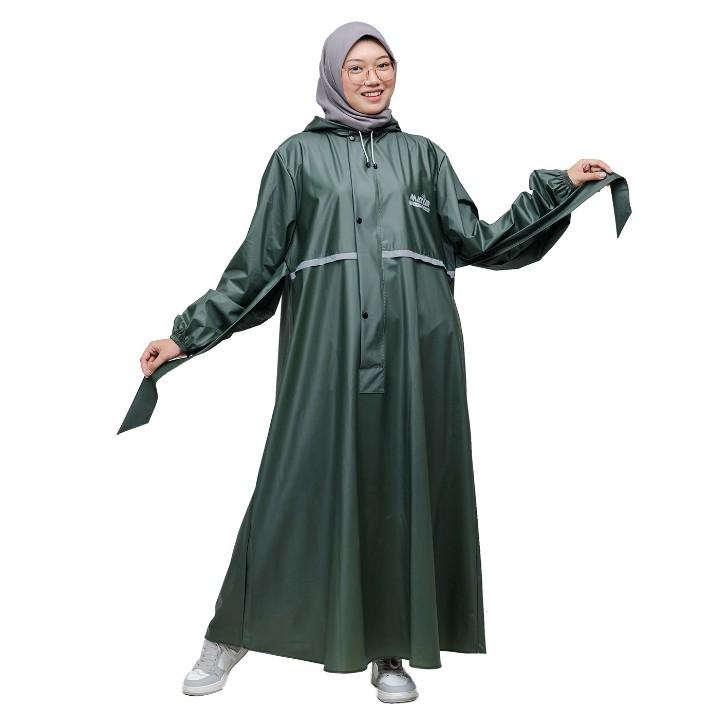 Jas hujan gamis wanita, mantel gamis wanita dewasa jumbo tebal elastis bahan PVC karet premium tahan air hijau Syari 2