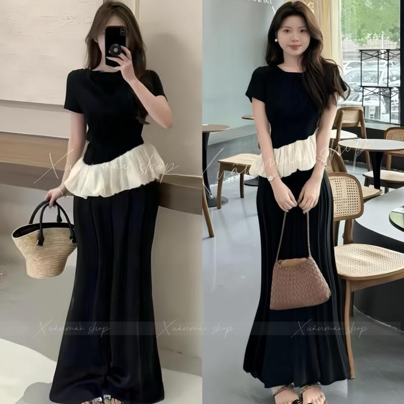 Xuân Mai Shop Set Áo Tay Ngắn Phối Tơ Chân Váy Đuôi Cá Dài