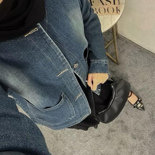 Keki Jacket Jeans Semi Crop Wanita Jaket Panjang Oversize Kancing 4